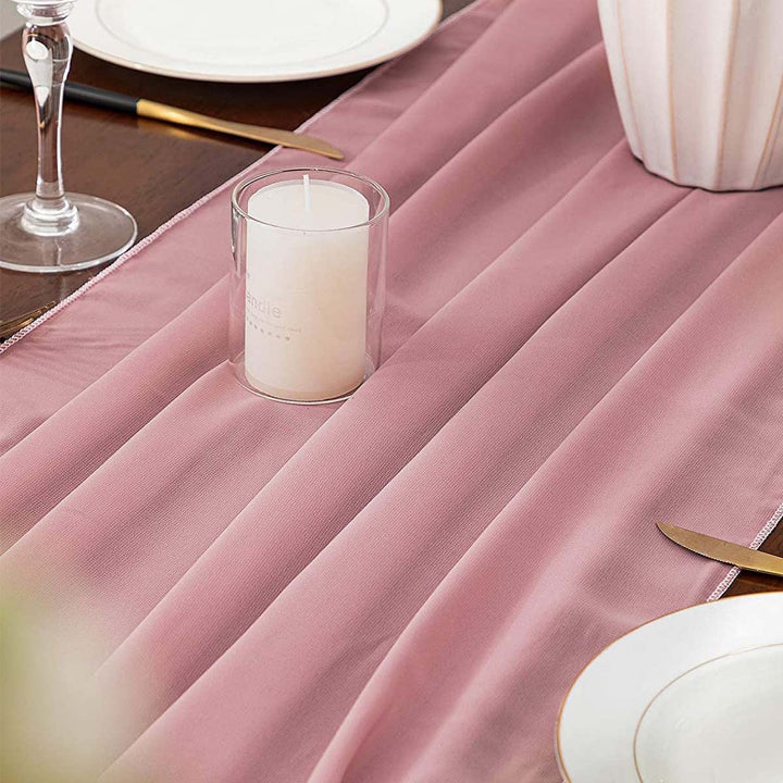 Chiffon Tablecloth Wedding Tablecloth (About 27.5 * 118 inches), Including 8 Packets of Petals and 2 Butterfly Silk Clips, Suitable for Country Wedding, Bride Shower, Baby Shower Party (Dark Pink)