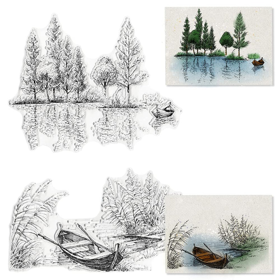 Lake River Scenery Trees Boat Clear Stamps for Card Making and Scrapbooking Card Making Words Transparent Stamps Silicone Stamps Photo Album Decor