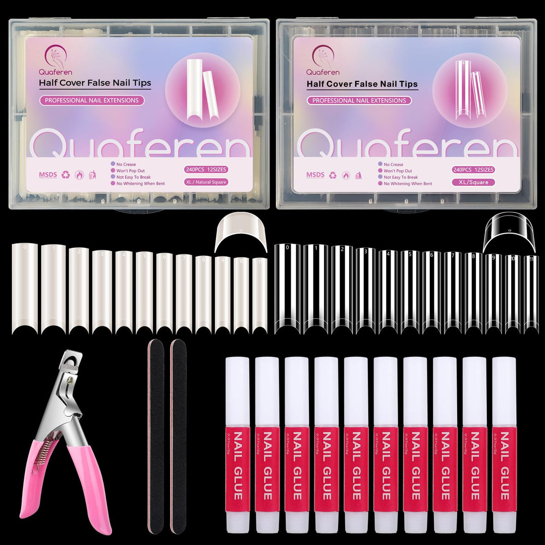 400PCS Extra Long C Curve Nail Tips and Glue, 2 Packs Natural and Clear Acrylic Nail Tips Manicure, 10 Sizes Artificial XXL Long Straight Square French Press on False Nail Tips with 10PCS Nail Glue