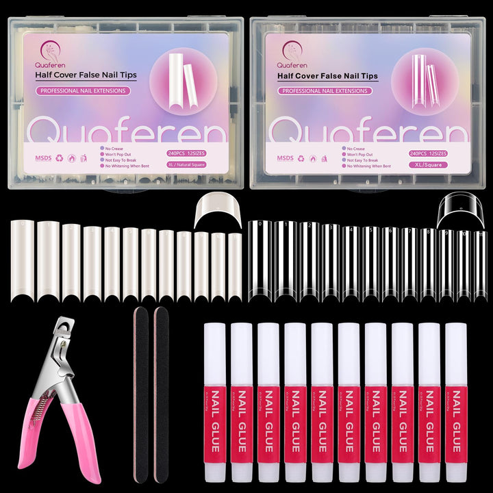 400PCS Extra Long C Curve Nail Tips and Glue, 2 Packs Natural and Clear Acrylic Nail Tips Manicure, 10 Sizes Artificial XXL Long Straight Square French Press on False Nail Tips with 10PCS Nail Glue