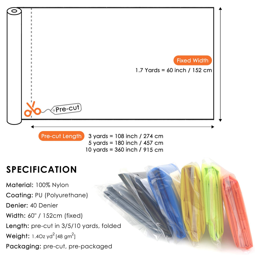Dark Gray Ripstop Nylon Fabric 40 Denier, Pre-Cut Piece 3-Yard: 60x108, Water Repellent Windproof Dustproof Airtight PU Coating
