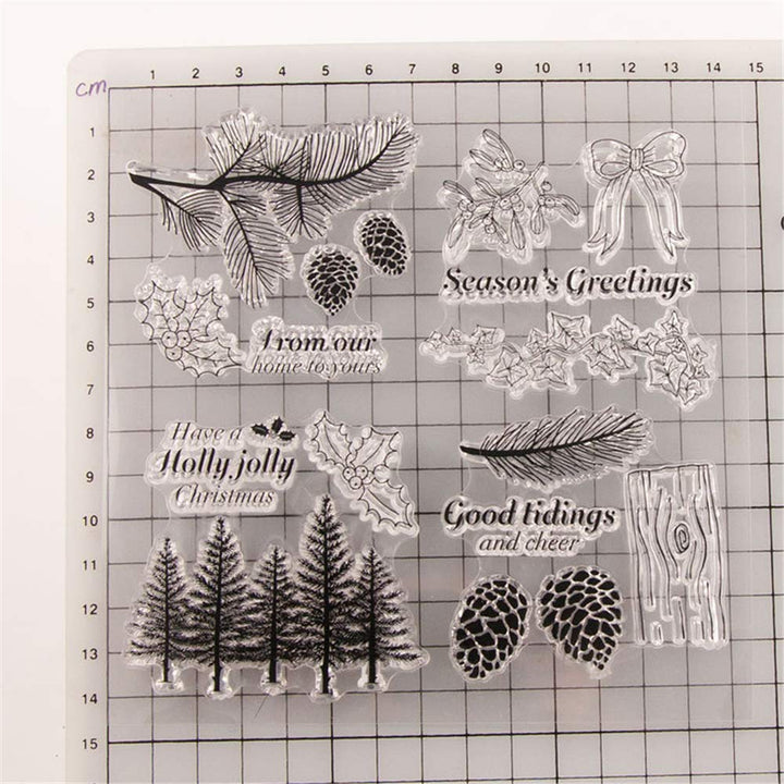Winter Trees Branch Leaves Pine Cones Bow Clear Rubber Stamps for Card Making and Scrapbooking Christmas Wishes Words Silicone Stamps (T1641)