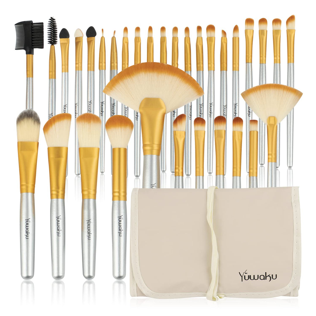 Champagne Makeup Brushes Set, Yuwaku Silver Foundation Powder Blush Eyeshadow Brushes Blending 32 Piece NO Shed Cruelty-Free Synthetic Fiber Bristles Cosmetic Brushes with Travel Case