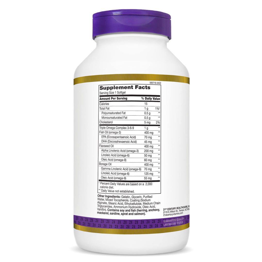 Triple Omega Complex 3 6 9 Enteric Coated Softgels, 180 Count Bottle (22875)