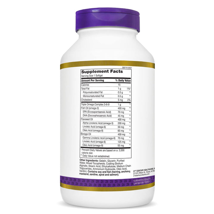 Triple Omega Complex 3 6 9 Enteric Coated Softgels, 180 Count Bottle (22875)