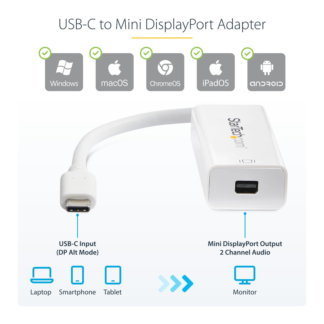 USB-C to Mini DisplayPort Adapter - 4K 60Hz - White - USB 3.1 Type-C to Mini DP Adapter - Type-C to Mini DP Converter (CDP2MDP)
