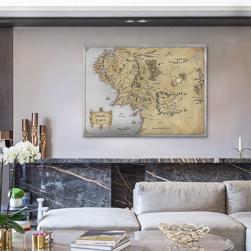 Middle Earth Map Canvas Wall Art Movie Map HD Print - Retro Middle Earth Map Canvas Painting for Home Wall Decor, Vintage Map of Middle Earth Poster Framed Artwork for Room Decor (18 Hx24 W)