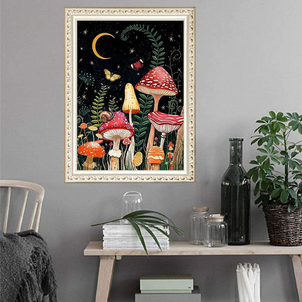 5D DIY Full Drill Round Art Gems Mushroom Star and Moon Forest Diamond Art Perfect for Home Wall Deco, Mushroom Diamond Painting Kits for Adults(12 x 16 inch)