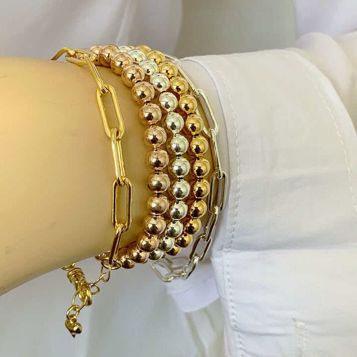 Gold Beaded Bracelet Set for Women Stack 14 K real Gold Plated Ball Bracelets Elastic String Bracelet 4 mm 5 mm 6mm Small Beads Friendship Bracelet for Men (gold)
