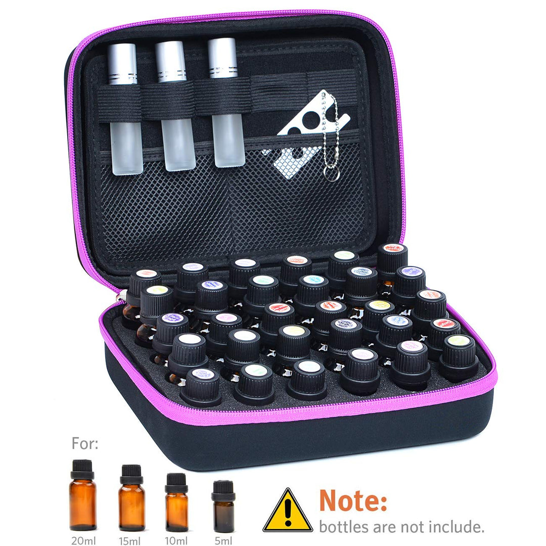 Essential Oil Carrying Organizer Storage Case for 30 Roller Bottles 5/10/15/20ml Small bottles with Free Writable Labels Opener Holds Purple-8.7Lx6.3Wx3.7H