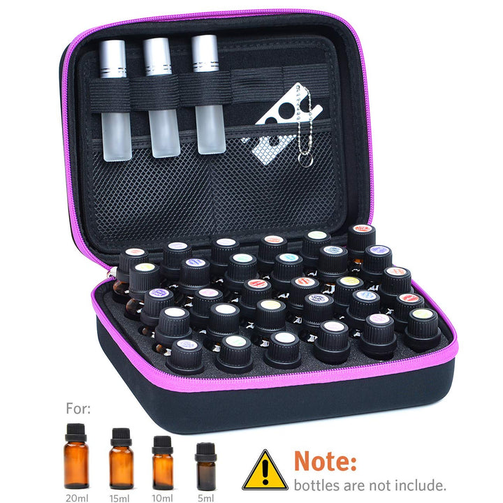 Essential Oil Carrying Organizer Storage Case for 30 Roller Bottles 5/10/15/20ml Small bottles with Free Writable Labels Opener Holds Purple-8.7Lx6.3Wx3.7H