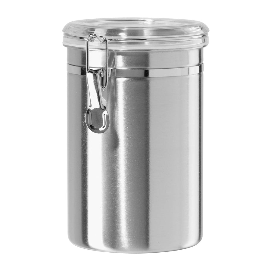 Stainless Steel Kitchen Canister 62 fl oz - Airtight Clamp Lid, Clear See-Thru Top - Ideal for Kitchen Storage, Food Storage, Pantry Storage. Large Size 5 x 7.5.