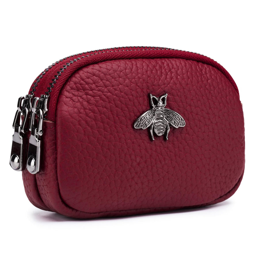 Women Leather Coin Purse, Small 2 Zippered Change Pouch Wallet(Red)