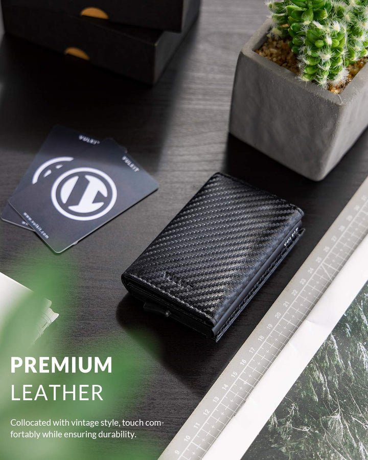 Pop up Wallet RFID Blocking Leather Credit Card Wallet with Banknote Compartment, ID Window &amp; Coin Pocket (Carbon Black)
