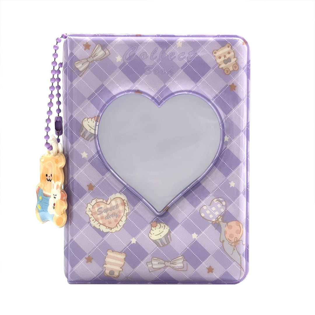 3 Inch Mini Photo Album, Heart Hollow Card Binder Photo Album Photo Card Holder with Pendant 40 Pockets (purple plaid)