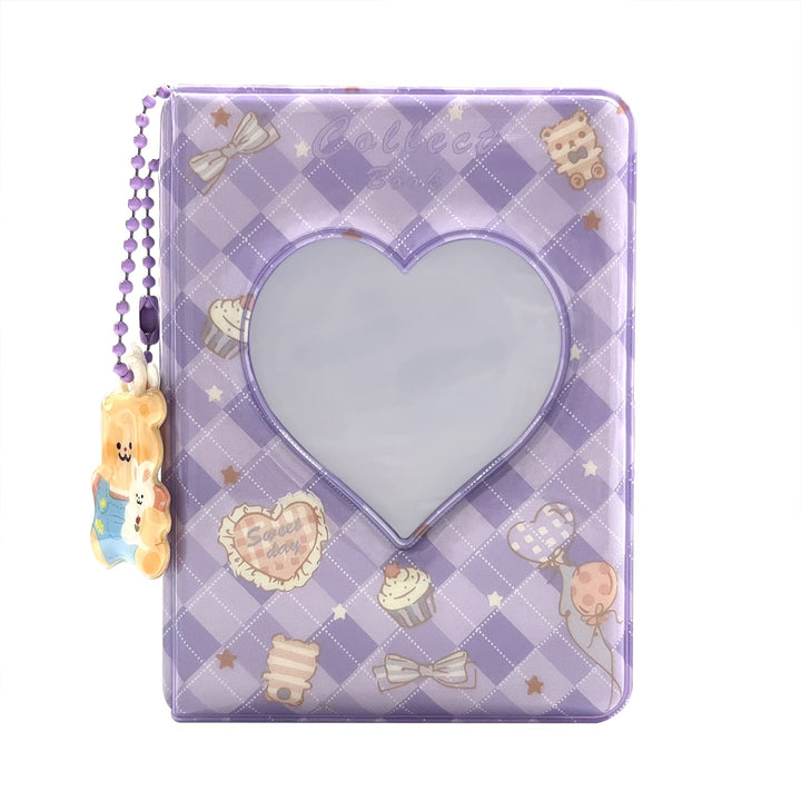 3 Inch Mini Photo Album, Heart Hollow Card Binder Photo Album Photo Card Holder with Pendant 40 Pockets (purple plaid)