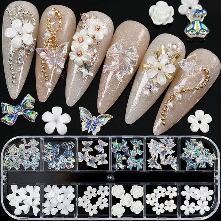 Flower Nail Art Charms 60pcs Nail Glitter Decals Decoration 3D Nail White Flower Mixed Design Acrylic Nail Stud Jewelry Salon Nail Accessories Supplies for Women DIY Manicures Tips