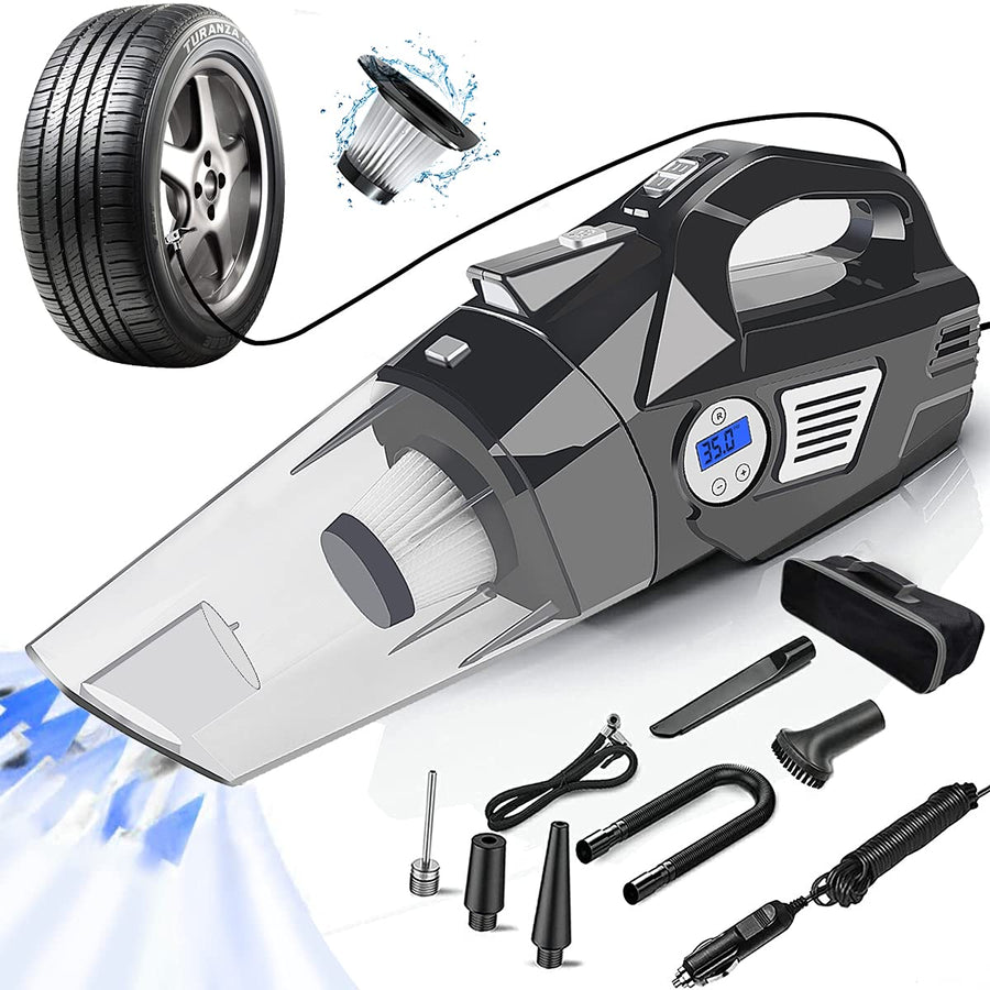 Car Vacuum Cleaner, 4-in-1 Handheld Car Vacuum Cleaner, Car Vacuum Cordless Rechargeable with Tire Pressure Gauge LCD Display, LED Light, 12V High Power Portable Wet-Dry Vacuum Cleaner.