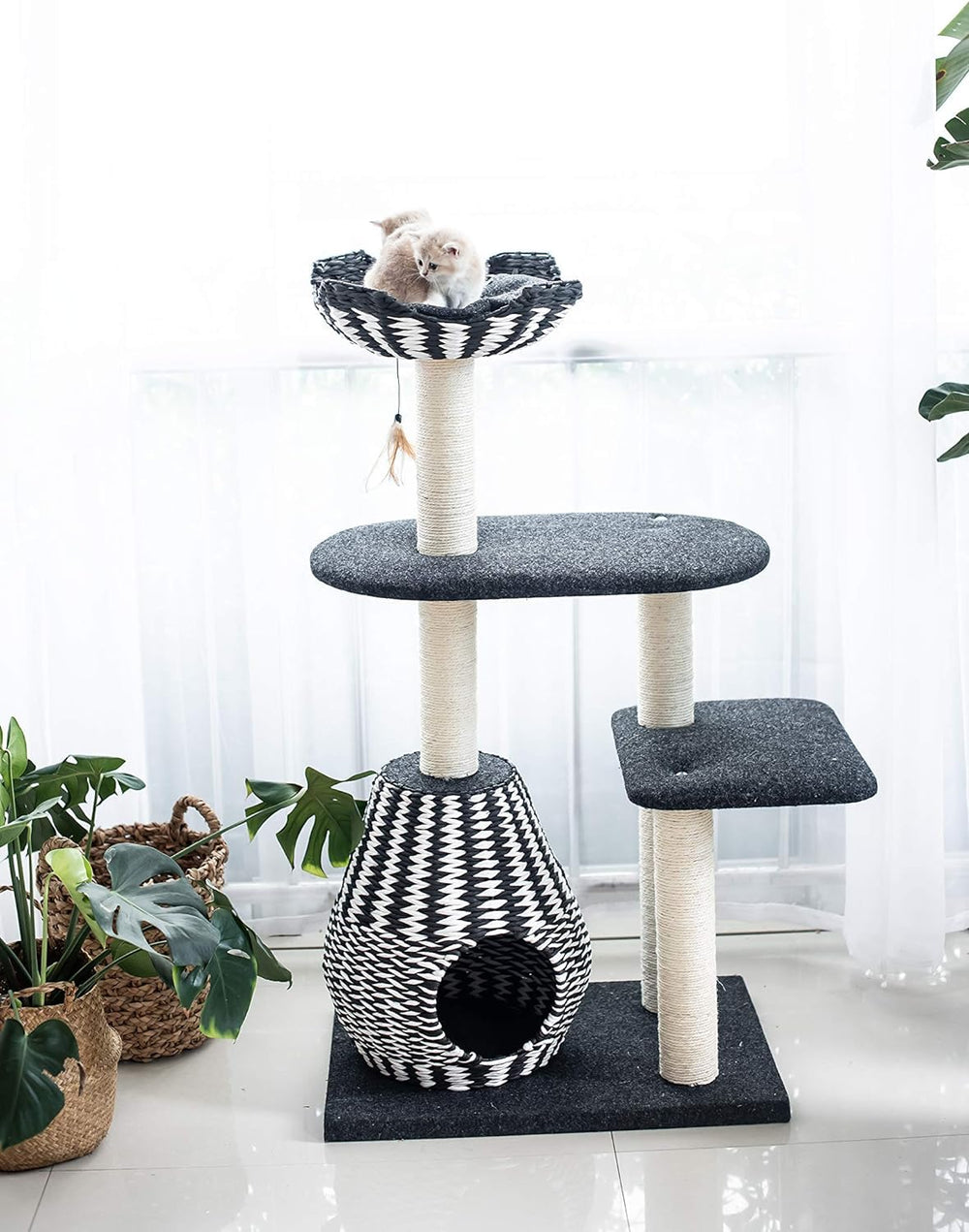Ace 4-Level Multi-Activity Cat Tree with Felt Perches, Handwoven Recycled Paper Rope Condo, Sisal Scratching Posts, Feather Teaser Toy, Eco-Friendly & Stylish Cat Furniture, Black & White