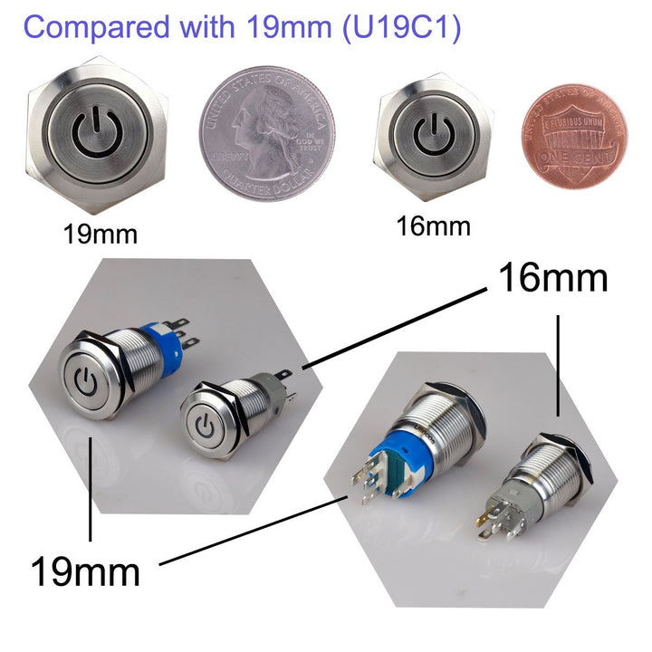 Latching Push Button Switch U16F5 1NO1NC SPDT ON/Off Silver Stainless Steel Shell with Green Power Symbol LED Suitable for 16mm 5/8 Mounting Hole (Green)