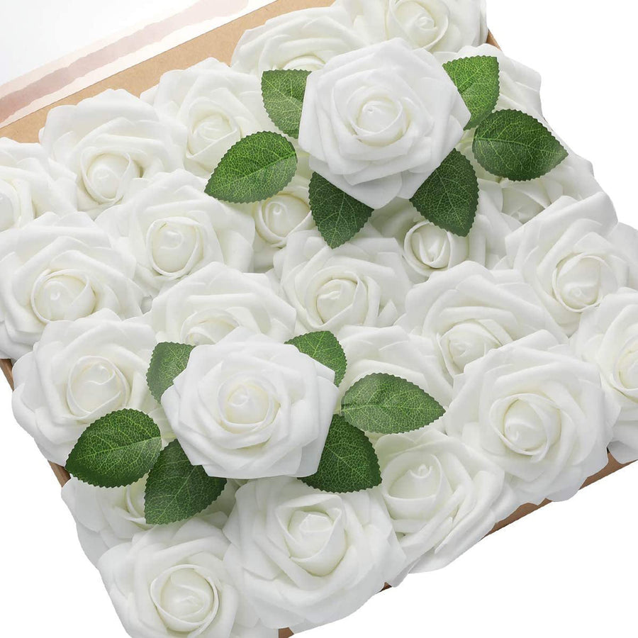 Artificial Flowers, 25Pcs Dainty Rose Artificial Wedding Fake Flowers Combo with Stem/Leaves for DIY Wedding Bouquets Centerpieces Floral Home Party Decorations (White, 25 Pcs)