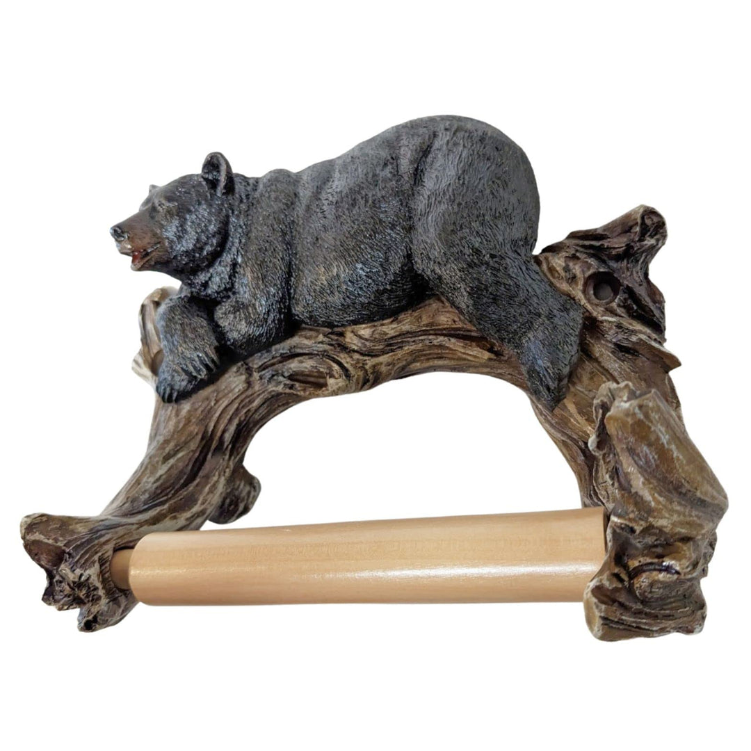 Rustic Cabin Style Black Bear on Log Toilet Paper Holder Wall Mounted