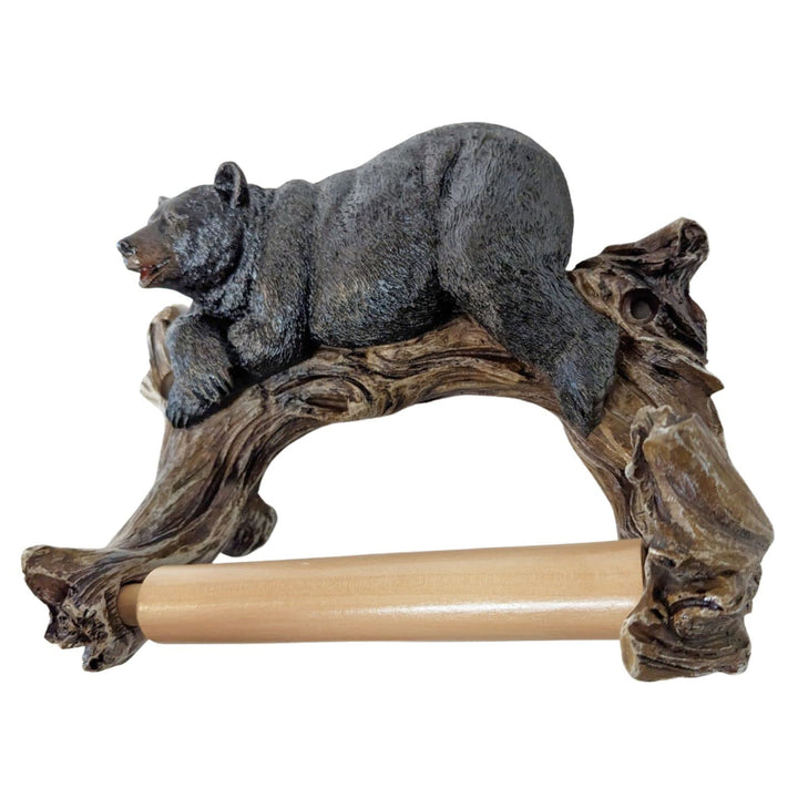 Rustic Cabin Style Black Bear on Log Toilet Paper Holder Wall Mounted