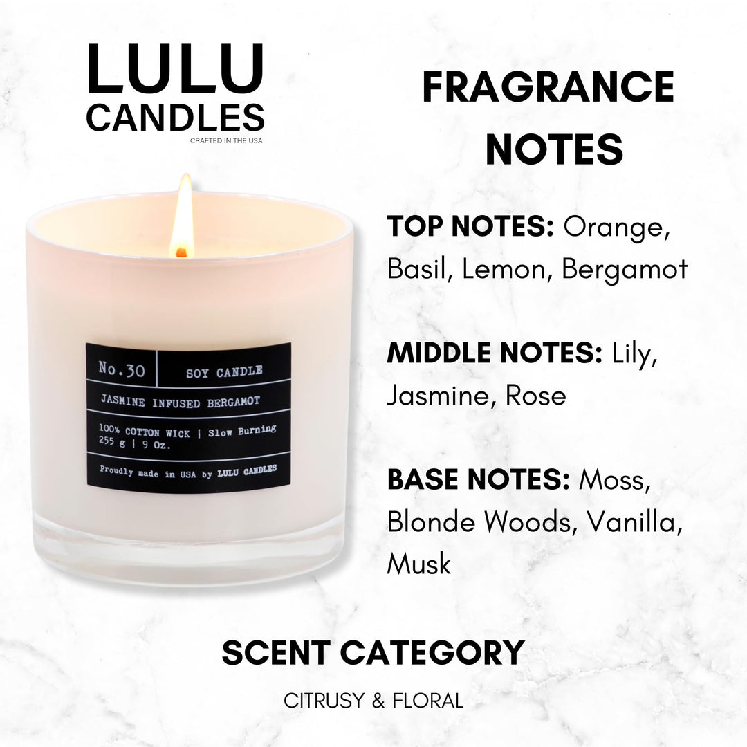 | Jasmine Infused Bergamot | Luxury Scented Soy Jar Candle | Hand Poured in The USA | Highly Scented &amp; Long Lasting- 9 Oz.