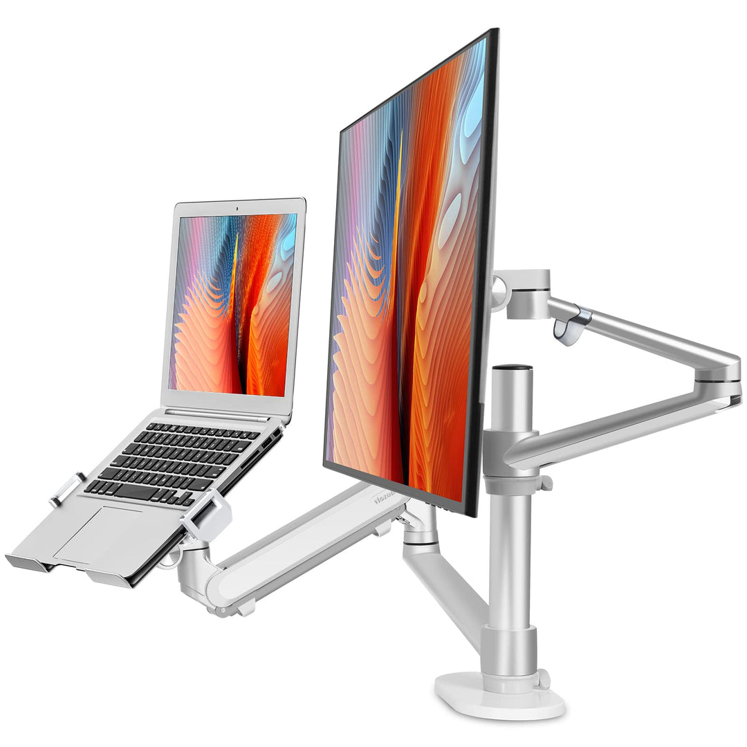 Monitor and Laptop Mount, 2-in-1 Adjustable Dual Monitor Arm Desk Stand, Single Gas Spring Arm with Laptop Tray for 12-17 Laptop. Single Arm Stand/Holder for 17-32 Computer Monitor(3L-Pro-b)