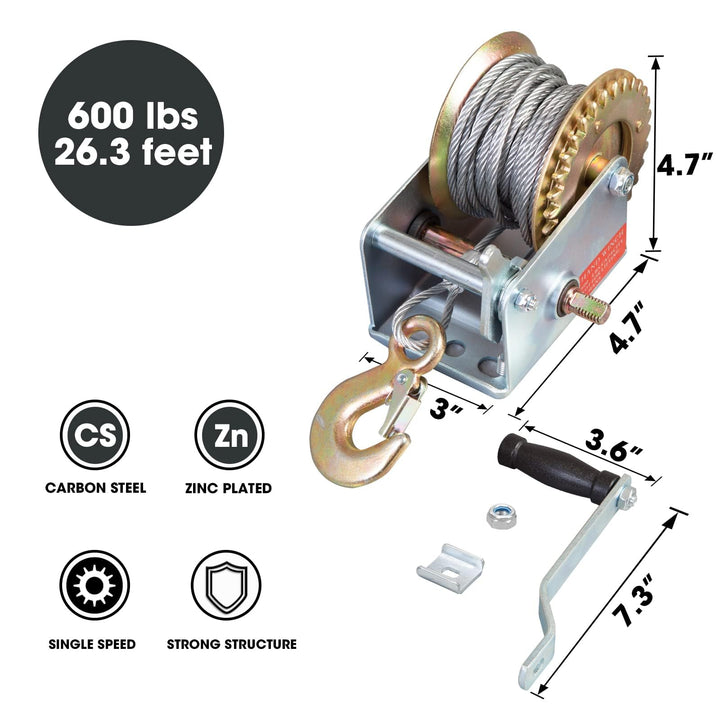 ATRT1061CR Torin 600lbs Capacity Manual Hand Crank Winch with 26.3FT Steel Cable