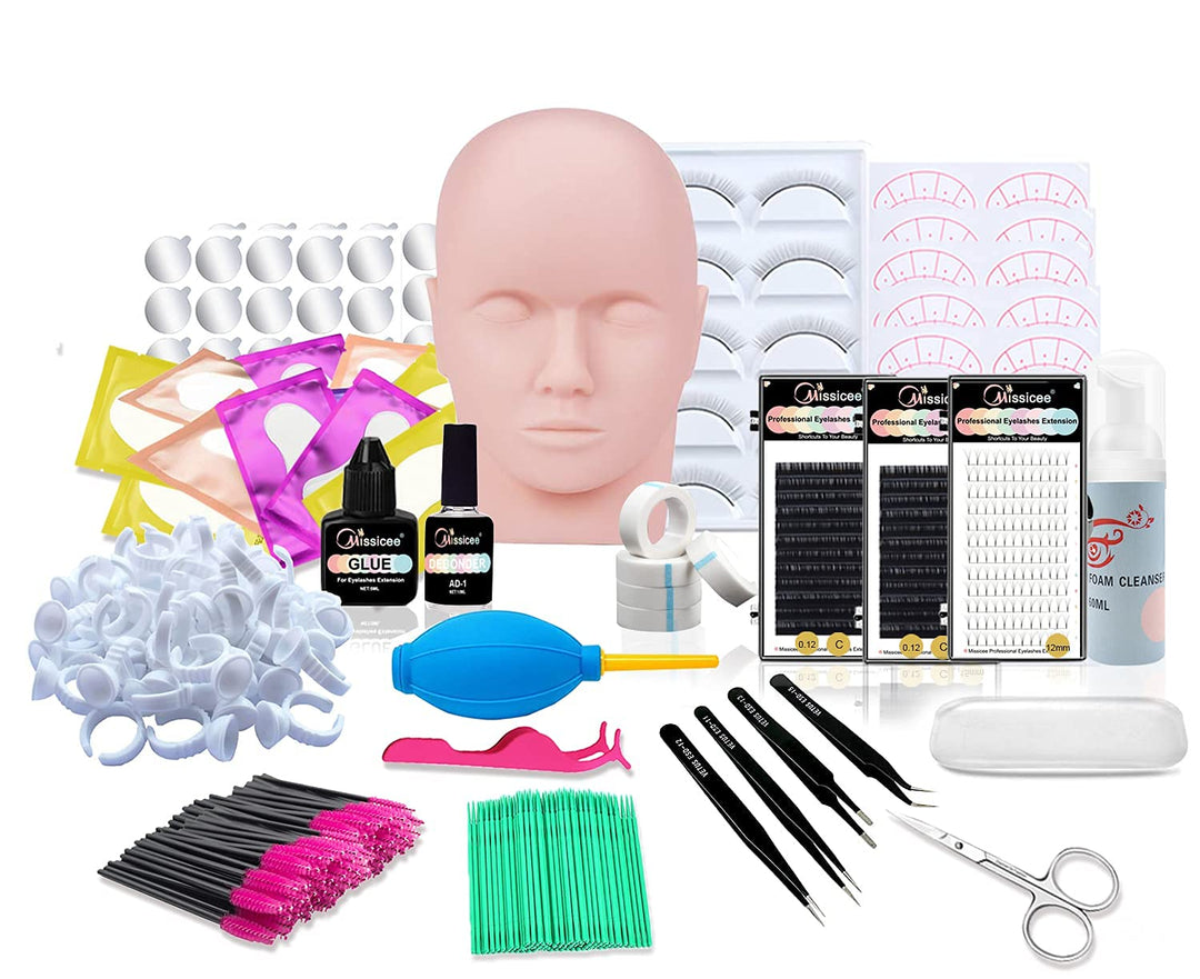 Lash Eyelash Extension Kit, False Eyelash Grafting Training Tool Kit For Beginners Eyelashes Extensions Practice with Flat Mannequin Head Individual Lashes Tweezers