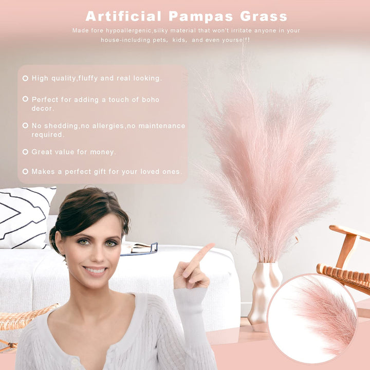 8Pcs 35.4” Pink Faux Pampas Grass Large Branches Boho Decor, Non-Shedding Fluffy Artificial Bulrush Floral Feathers, Tall Reed Fluffy Stems Vase Filler for Living Room Wedding Decoration