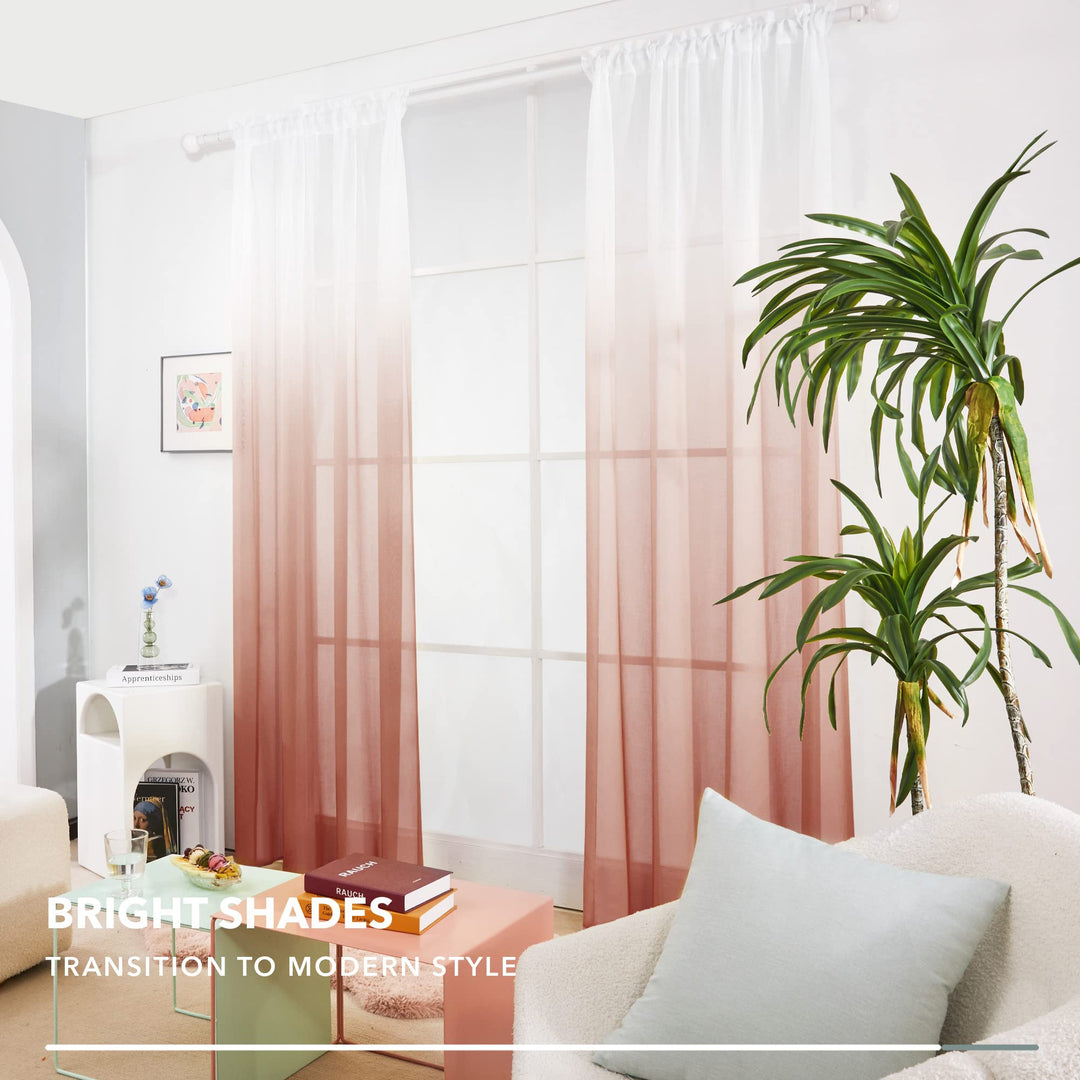 Faux Linen Gradient Reddish Brown Sheer Curtains, Ombre Voile Curtains - 52x72 Inch, 2 Panels, Rod Pocket Gradient Sheer Curtains for Bedroom, Reddish Brown