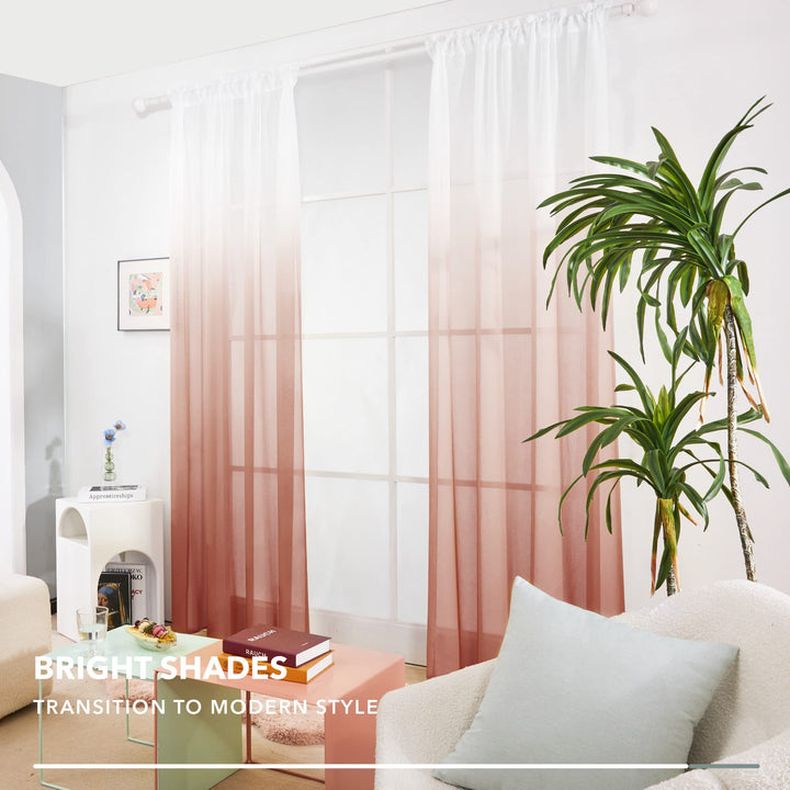 Faux Linen Gradient Reddish Brown Sheer Curtains, Ombre Voile Curtains - 52x72 Inch, 2 Panels, Rod Pocket Gradient Sheer Curtains for Bedroom, Reddish Brown