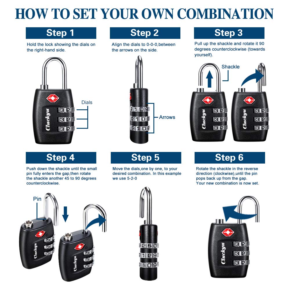 TSA Luggage Locks (4Pack) - 3 Digit Combination Padlocks - Approved Travel Lock for Suitcases &amp; Baggage (Black)