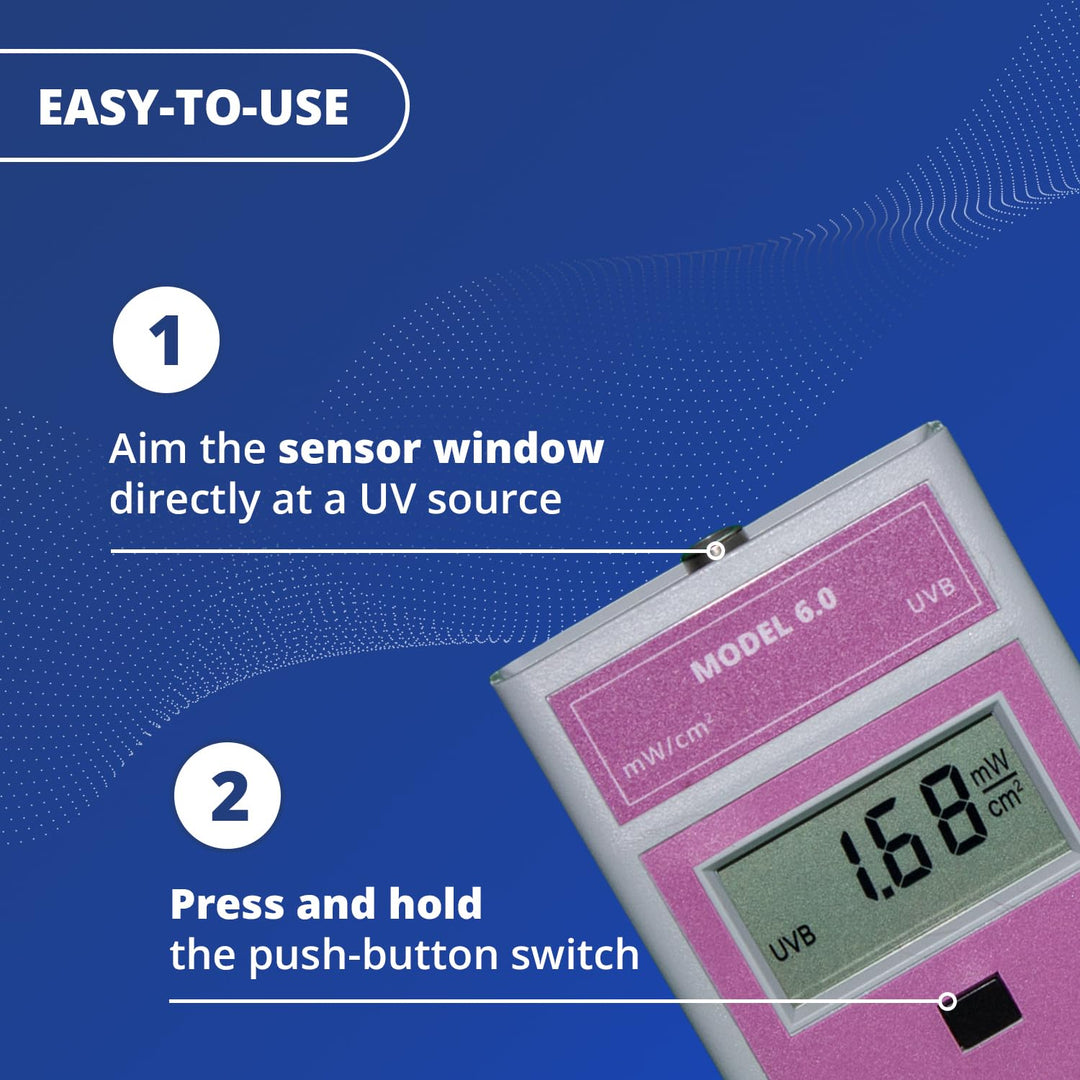 Model 6.0 Standard UVB Meter, Digital UV Radiometer, Portable UV Meter for UV Lamp Testing &amp; More, Effective UVB Light Meter, Measures 280-320 nm, from 0-199.9 mW/cm² UVB, Pink