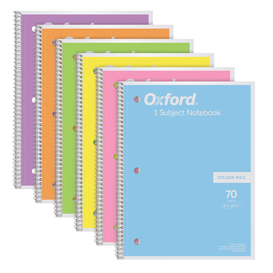 Spiral Notebook, 1 Subject, College Ruled Paper, 8 x 10-1/2 Inch, Pastel Pink, Orange, Yellow, Green, Blue and Purple, 70 Sheets (63756), Set of 6