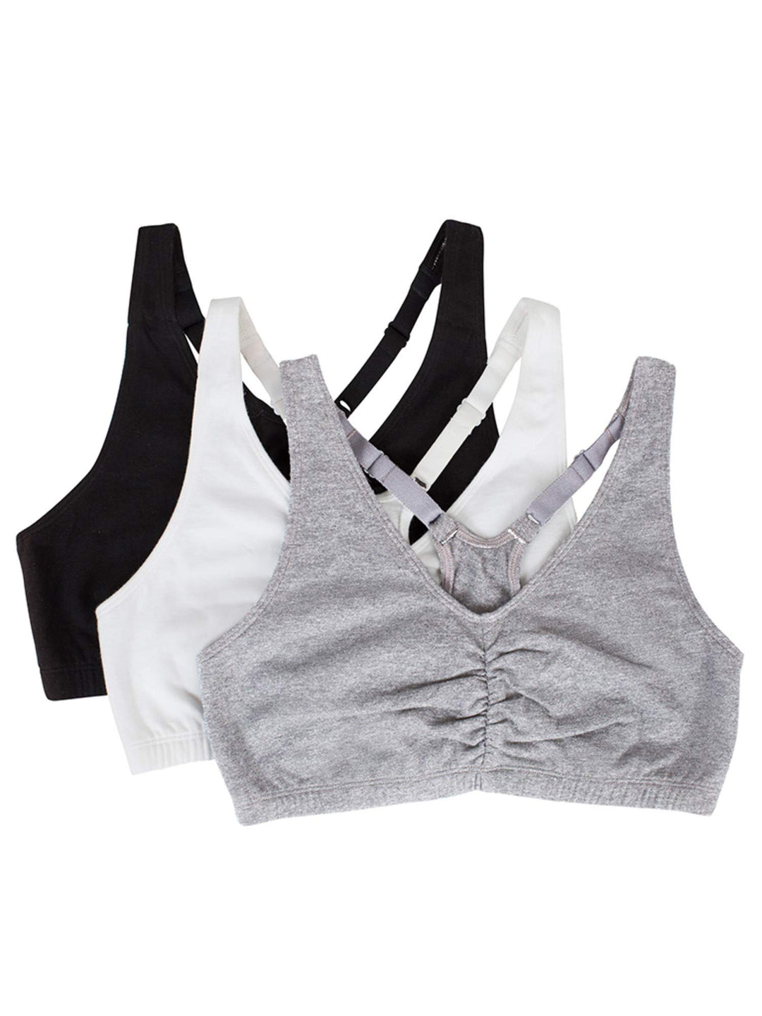Women&#39;s Adjustable Shirred Front Racerback Sports Bra Multi Packs, White/Heather Grey/Black Hue, 44