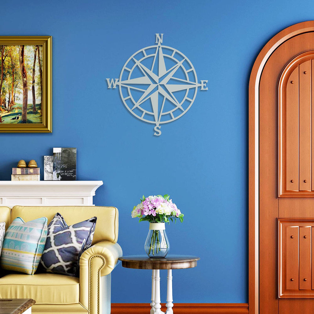11 Inches Metal Decorative Nautical Compass Wall Decor, Living Room Bedroom Office Porch Garden Patio Signs Wall Hanging Art Beach Theme Home Decoration (Cyan Gray)