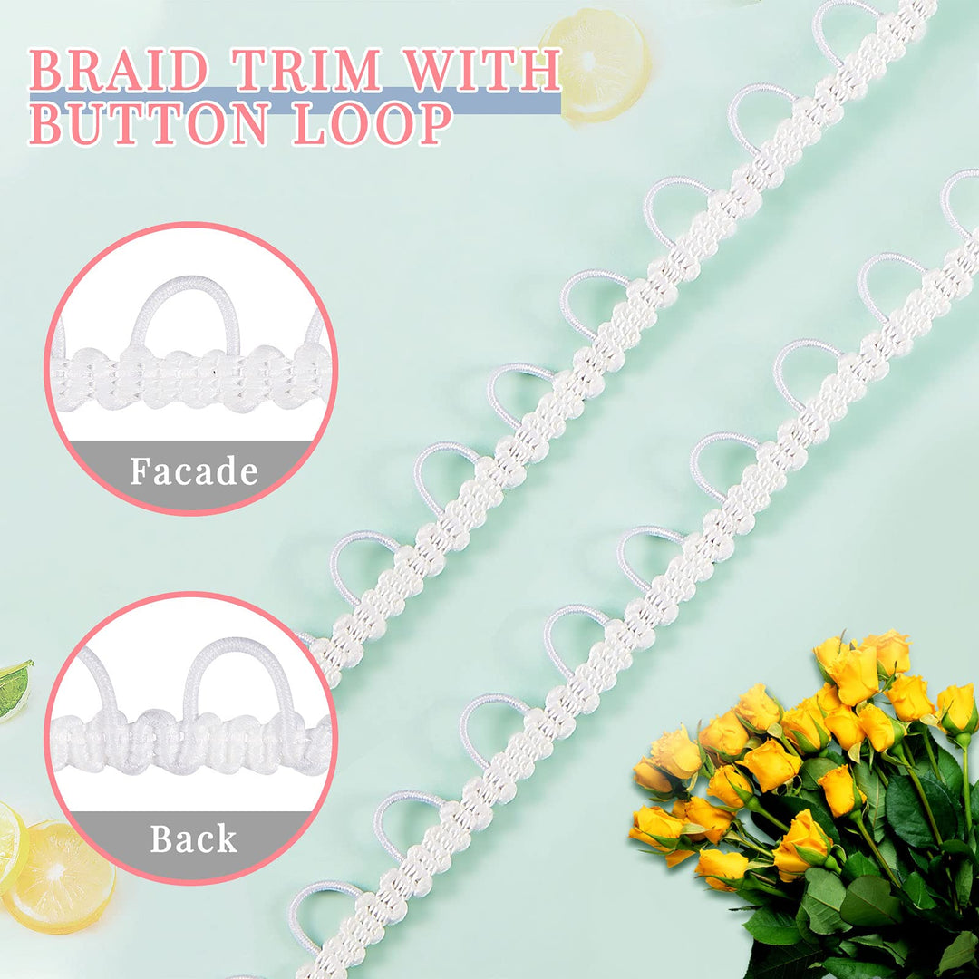 10 Yards Gimp Braid Trim with Elastic Button Loop Bridal Button Loops Dress Zipper Extender Upholstery Trim Sewing Trim Embellishment for Wedding Costume DIY Crafts Jewelry Home Decor (White)