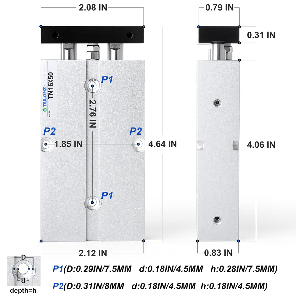 16mm Bore 50mm Stroke Double-Rod Double-Acting Aluminum Pneumatic Air Cylinder TN16-50