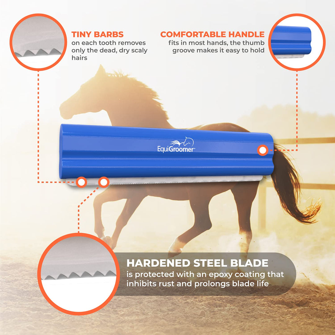 EquiGroomer Deshedding 8 Brush for Horses | Blue | Undercoat Tool for Large Pets With Short and Long Hair | Comb Removes Loose Dirt, Hair and Fur | Professional Horse Brush for Grooming Shedding