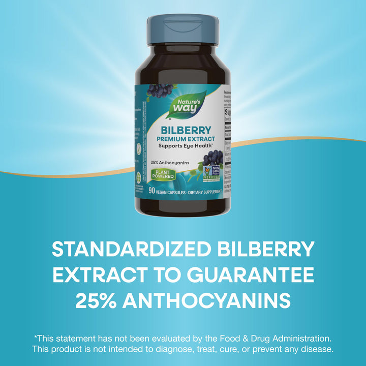 Nature&#39;s Way Bilberry Premium Extract, Supports Eye Health*, Eye Health Supplement for Adults with Black Elderberry*, Gluten Free, Vegan, 90 Capsules (Packaging May Vary)