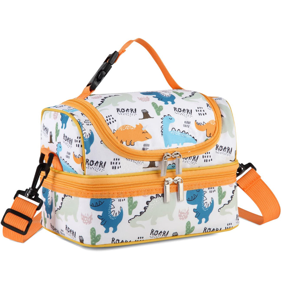 Lunch Box Bag Kids, Insulated Two Compartments Cooler Bags for Boys Girls w Shoulder Strap for School,Daycare,Kindergarten,Picnic Dinosaurs Yellow