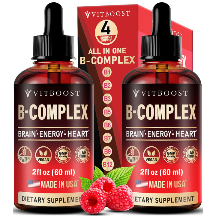 Vitamin B Complex with 20000 mcg - Extra Strength for Men and Women - Vegan| Raspberry Liquid Drops| USA Made, B1, B2, B3, B5, B6, Biotin, Folic Acid &amp; B12 Sublingual Methylcobalamin | 4 Months Supply
