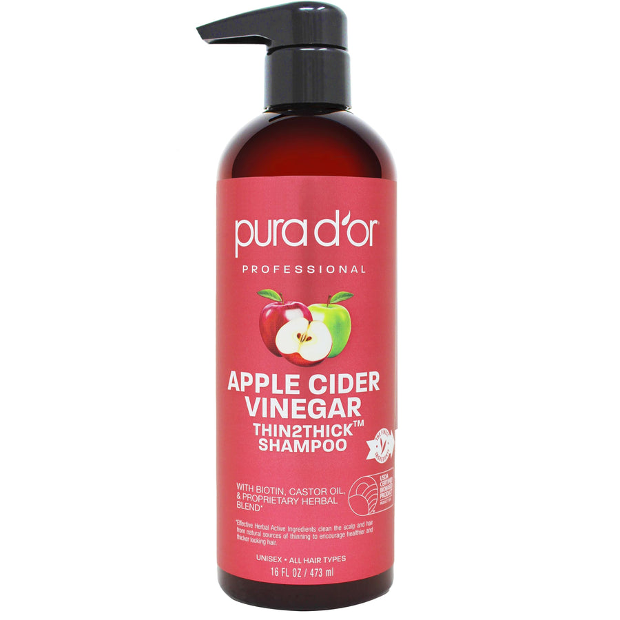PURA D'OR Apple Cider Vinegar Thin2Thick Shampoo With Biotin, Castor Oil - All Hair Types, Men & Women, 16 Fl Oz