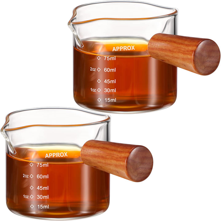 Double Spout Measuring Triple Pitcher Milk Cup 75 ml Espresso Shot Glass Espresso Measuring Cup Coffee Replacement Carafe with Handle for Barista Coffee Carafe Milk (2 Piece)