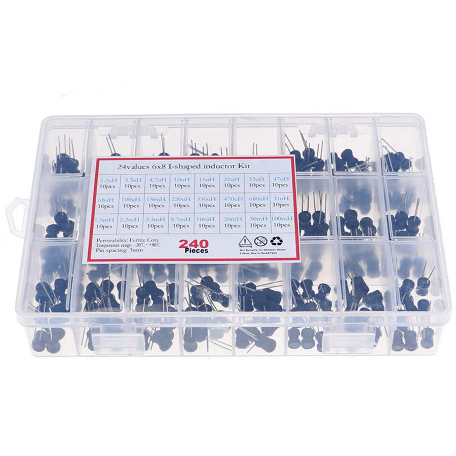 Cermant 240 Pcs 24 Values Inductor 2.2uH-100mH DIP Radial Power Choke Inductors Electrolytic Capacitor Assortment Box Assortment Kit Cylindrical Plug-in Mosfet for TV, LCD Monitor, Radio, Stereo, Game