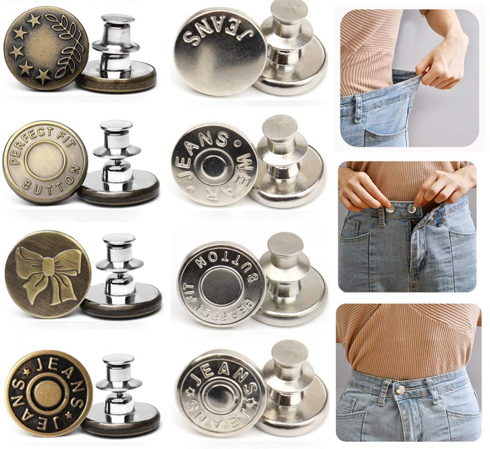 8PCS Perfect Fit Instant Button Pin, Instant jeans Buttons tightener, Jean Replacement Buttons Removable Button for loose jeans No Sew Buttons to Extend or Reduce an Inch to Any Pants Waist in Seconds