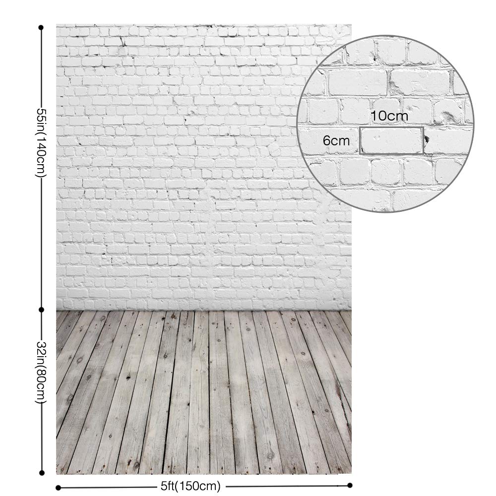 5X7ft White Brick Wall with Gray Wooden Floor Photography Vinyl Backdrop D-2504